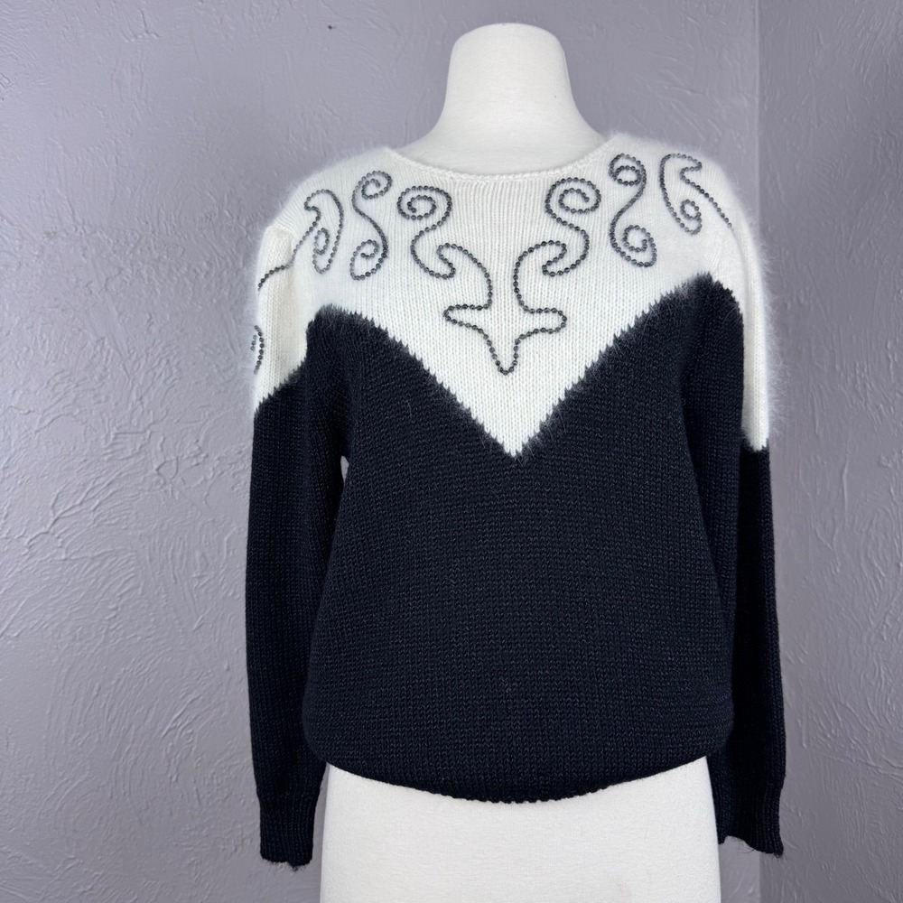 Small vtg. 1980s black and white embellished angora blend sweater beaded yoke